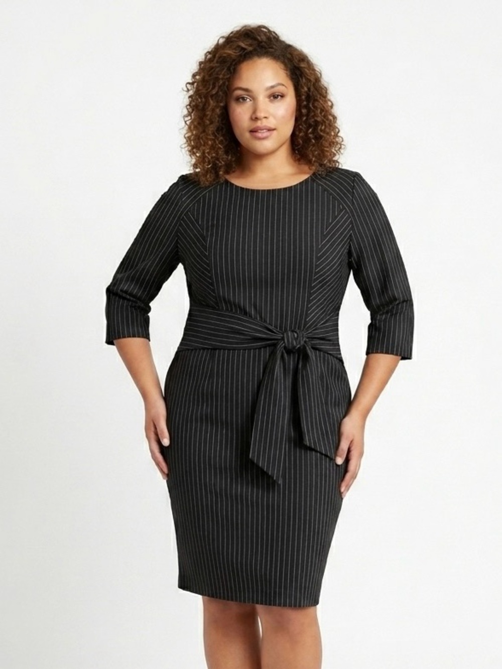 VF Show, Front & Back Zipper Tie-Waist Elegant Dress in Black - 3XL